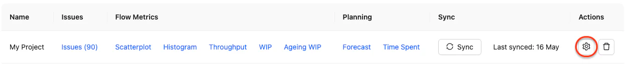 Project settings button
